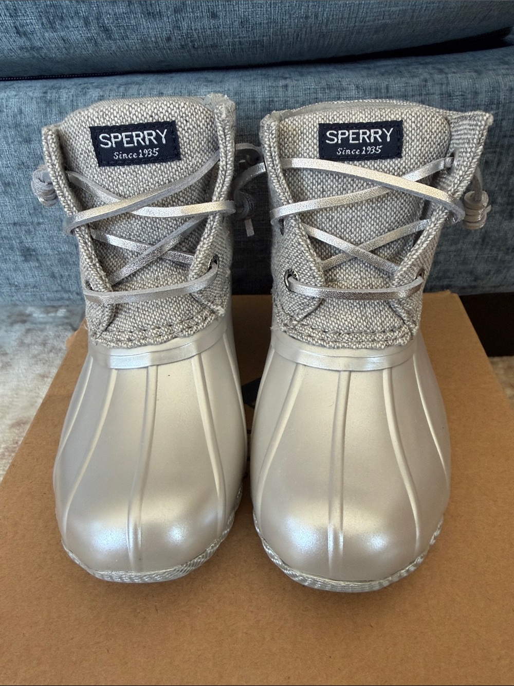 Sperry Kids Saltwater Silver Grey Duck Boots Size 9